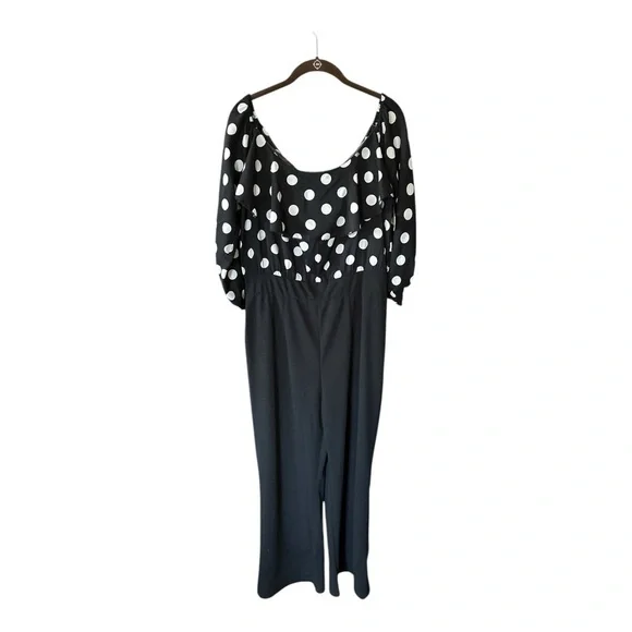 Black & White Polka Dot Off-Shoulder Jumpsuit | Size L | Tall Girl Friendly - Picture 2 of 15
